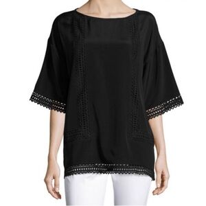St. John Silk Lace Trim Half Sleeve Top Black Large